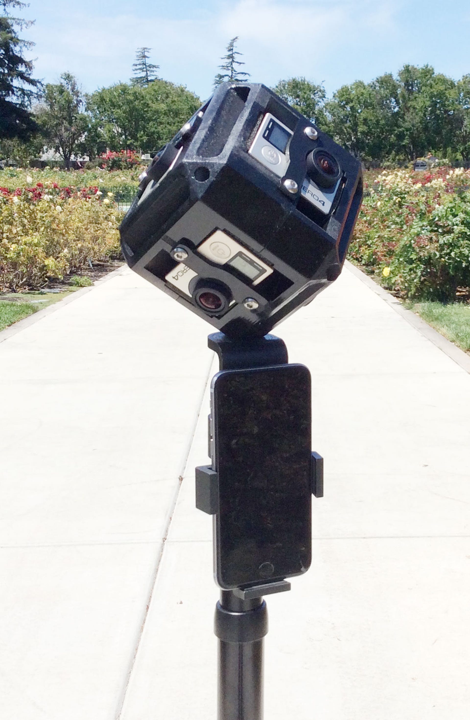 The 360 Camera Dolly can hold a VR camera setup like this one using GoPro cameras and is piloted using an attached iPhone.