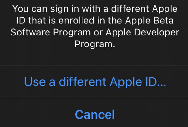 Text that reads You can sign in with a different Apple ID that is enrolled in the Apple Beta Software Program or the Apple Developer Program