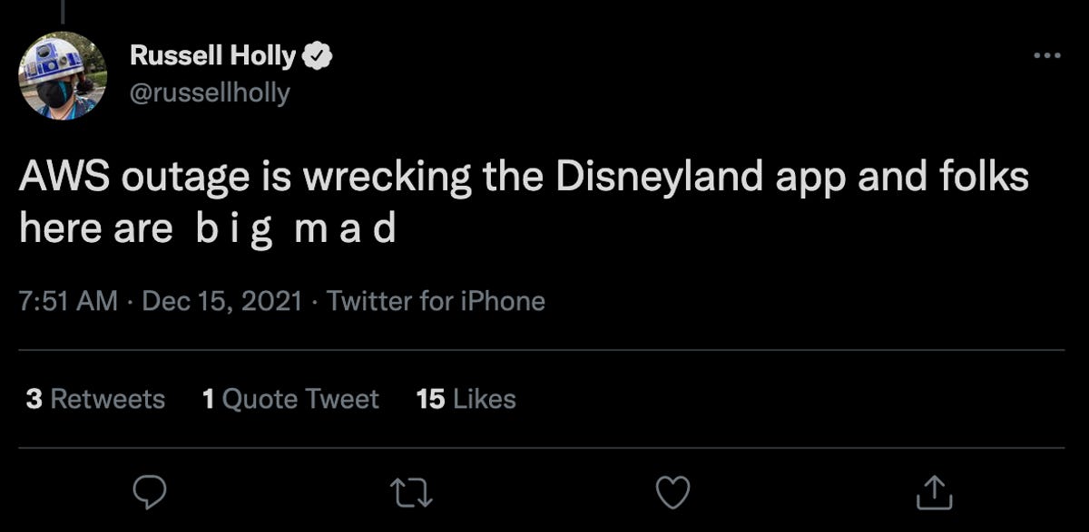 Disneyland AWS outage tweet