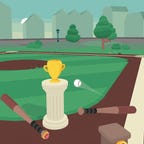 Two baseball bats aiming at a ball flying towards a trophy on a white pedestal in a baseball diamond, a scene in a video game.
