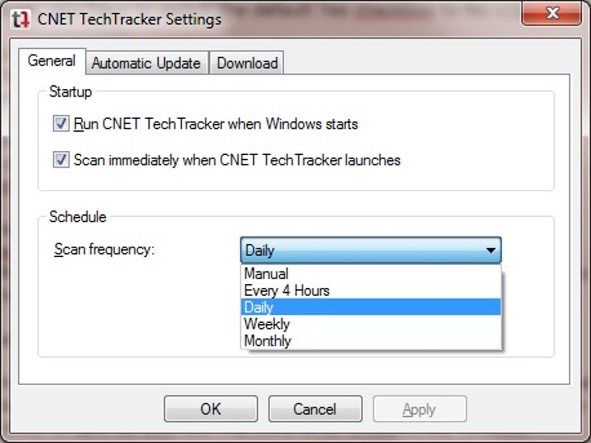 CNET TechTracker settings dialog