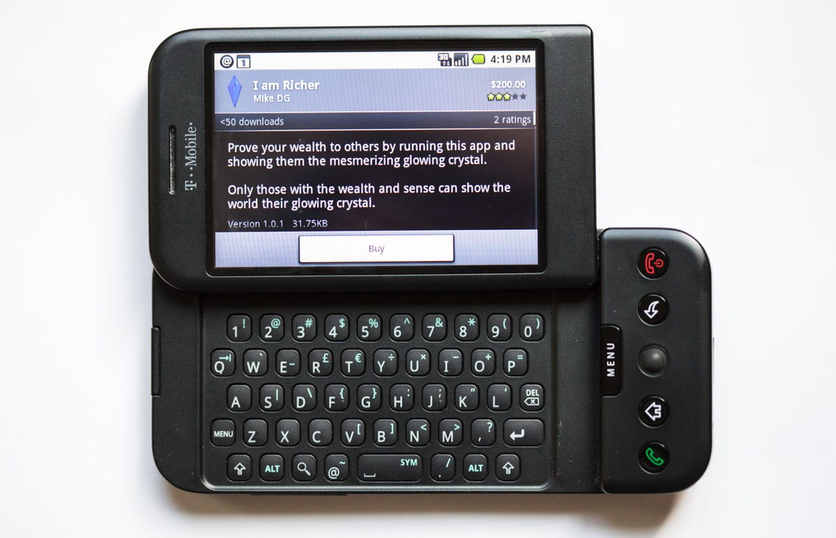 The first Android phone, the T-Mobile G1 built by HTC, had five hardware buttons, a trackball, and a slide-out physical keyboard. Things have settled down so that the vast majority of Android phones today are touch screens with virtual keyboards.