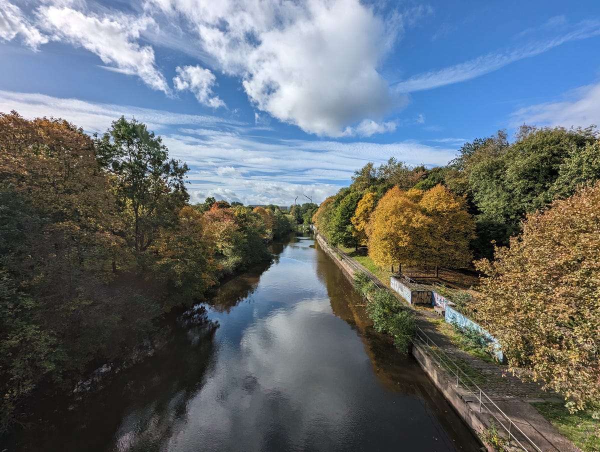 A wide angle image showing trees around a river