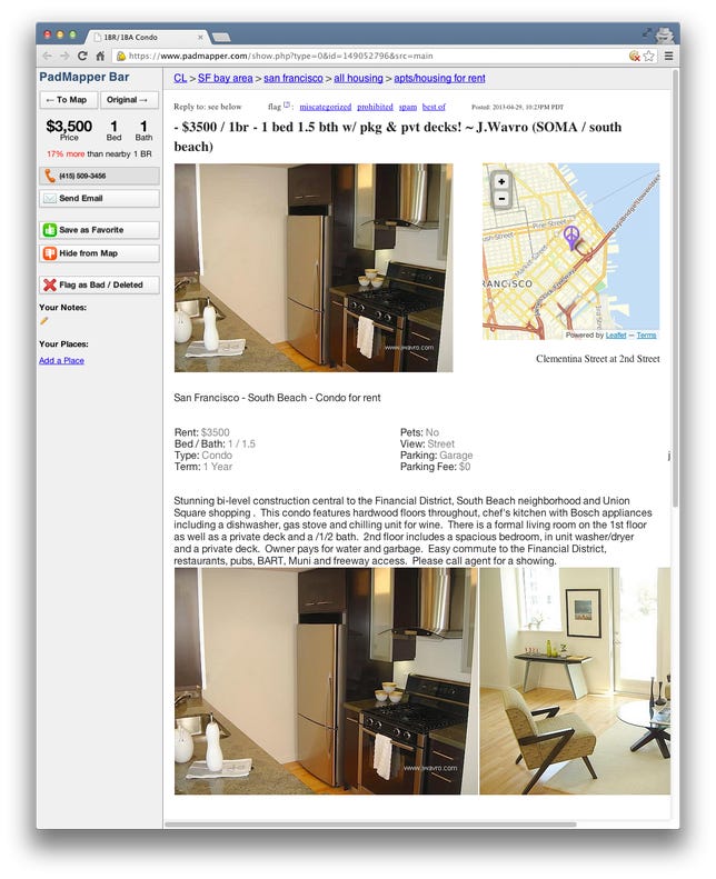 This listing of a 1 bedroom apartment around the corner from CNET's San Francisco headquarters was posted yesterday on Craigslist and now appears on PadMapper.