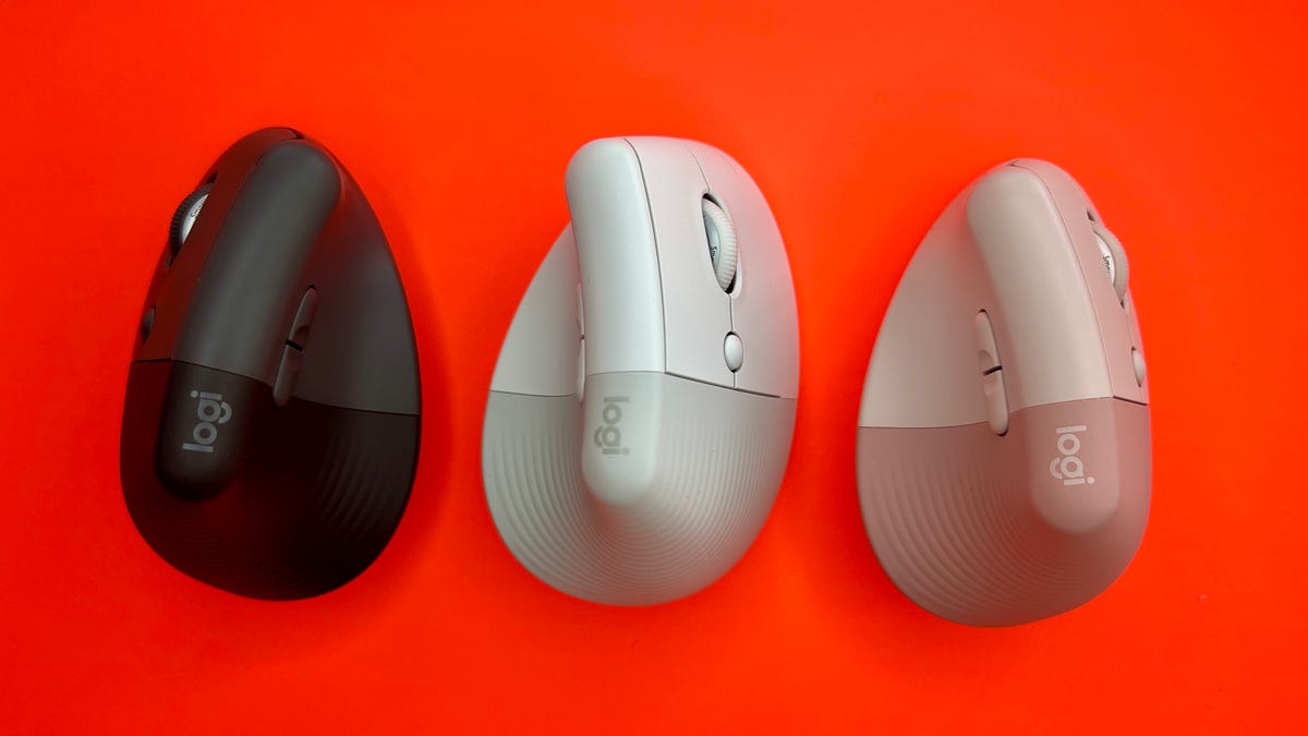 The left-handed Logitech Lift and two right-handed versions in lighter colors.