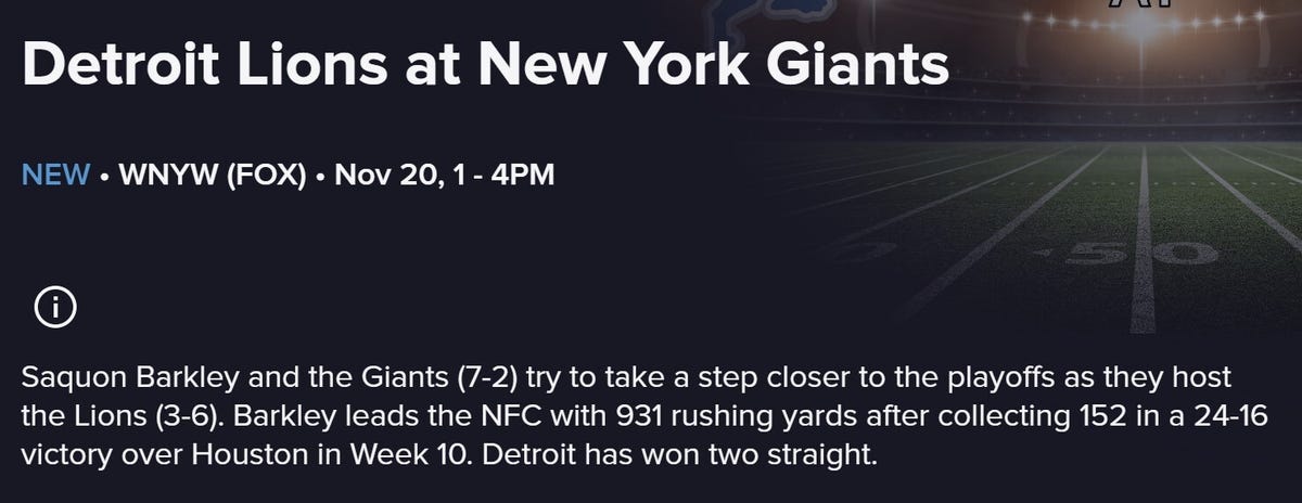 A TV program guide listing for the Lions vs. Giants game.