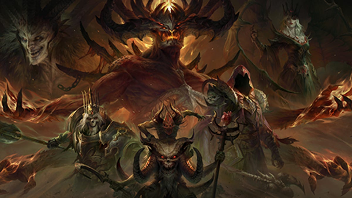 Diablo Immortal art features a collage of demons and warriors against a smokey background