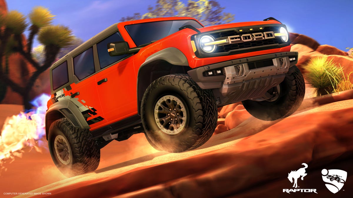 A Ford Bronco Raptor digitized for the game of Rocket League, with the obligatory giant rocket on the back.