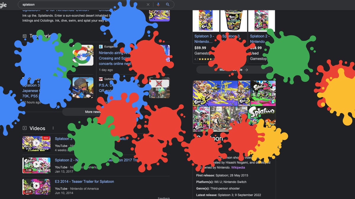 A Google search screenshot covered in colorful paint splashes with the Splatoon Easter egg