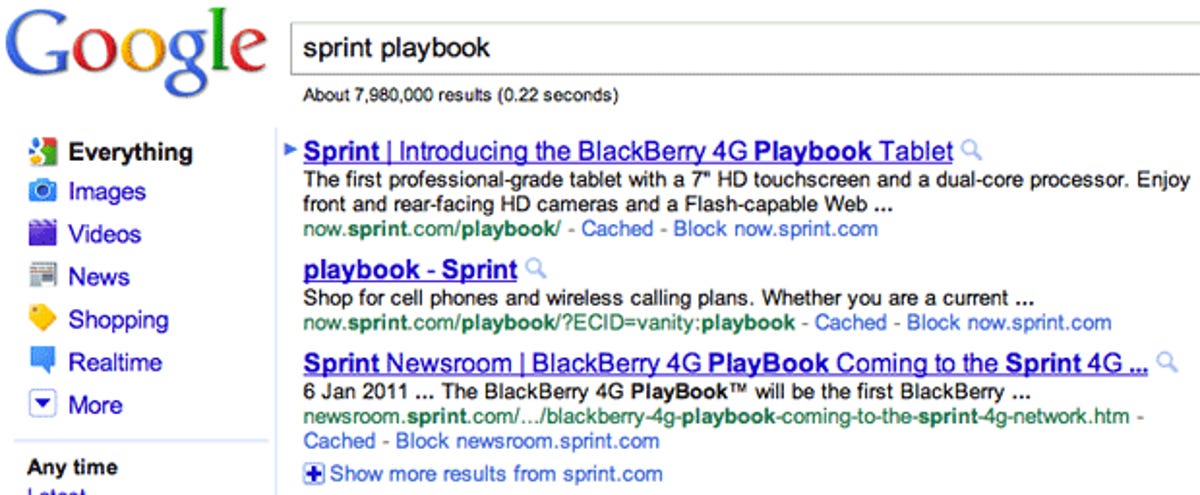 Google's Sprint PlayBook 4G search result