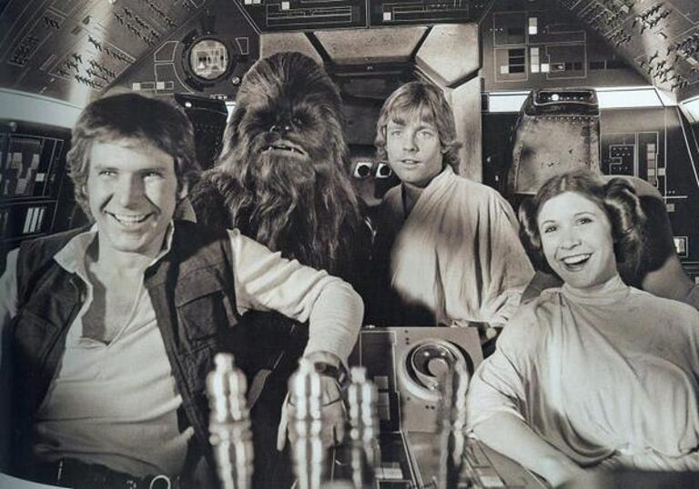 Han Solo, Chewbacca, Luke Skywalker and Carrie Fisher in the Millennium Falcon