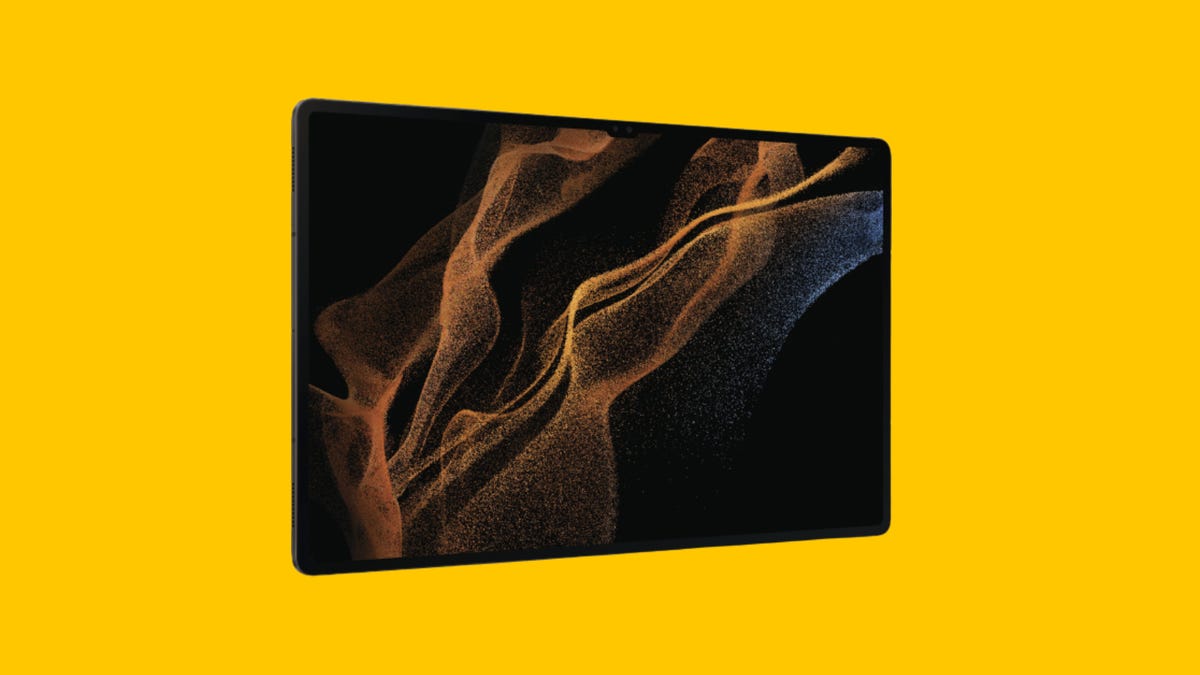 Galaxy Tab S8 against a yellow background.