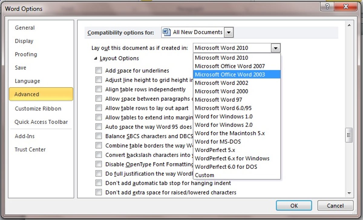 Microsoft Word 2010 Compatibility options