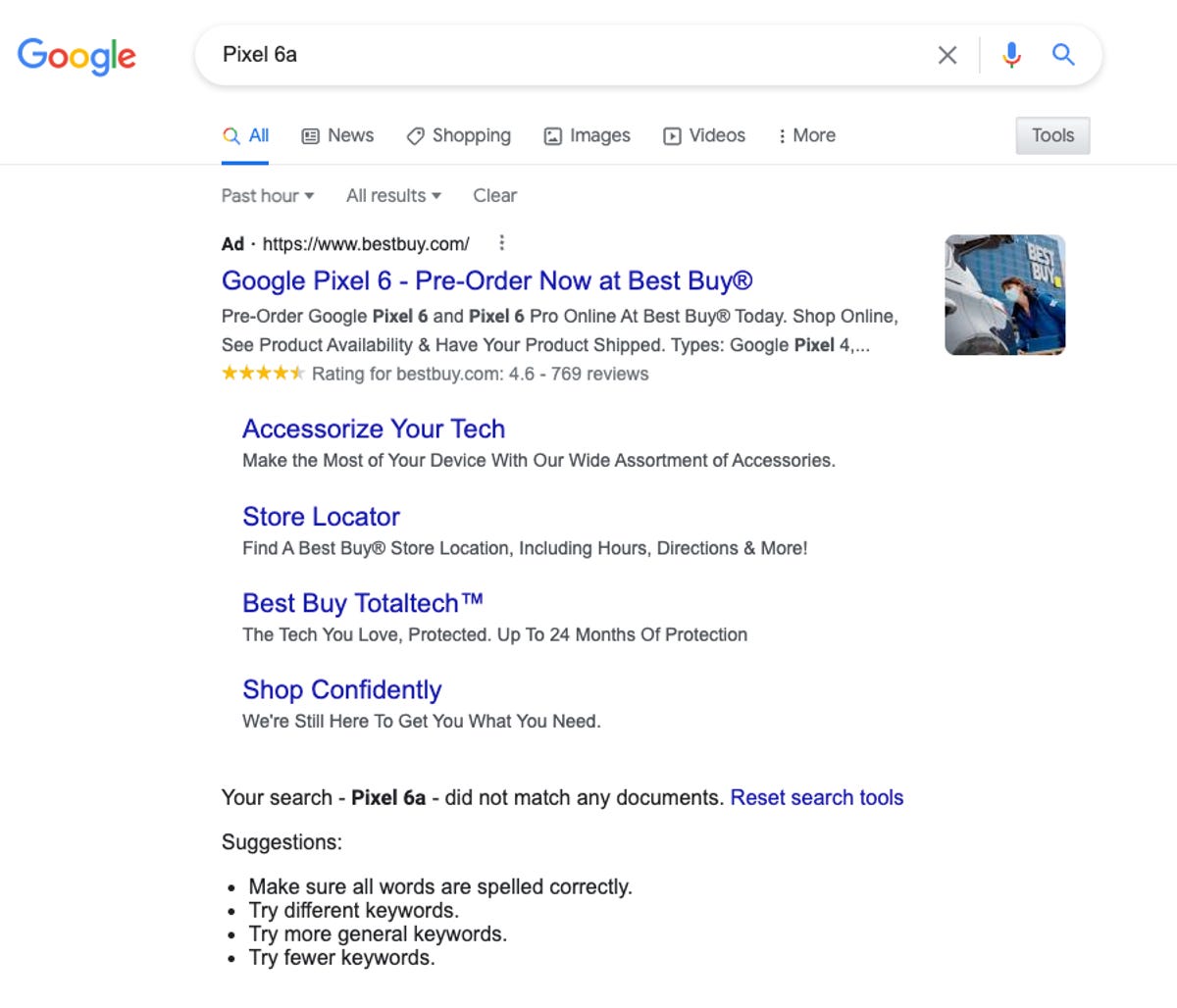 Google Search results for Pixel 6A. 
