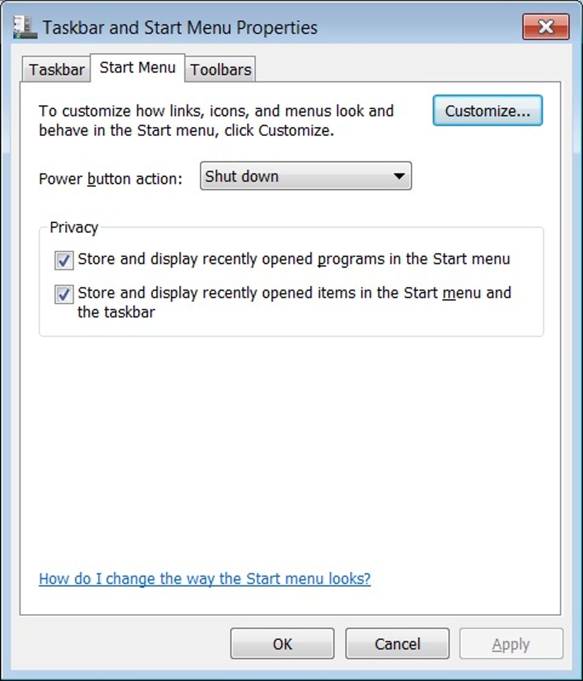 Windows 7 Taskbar and Start Menu Properties dialog box
