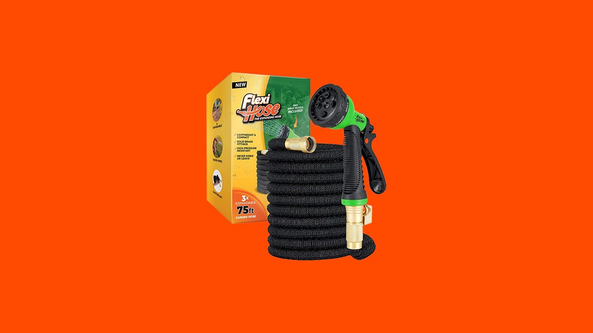 A 75-foot Flexi Hose is displayed along with the box it comes in against an orange background.