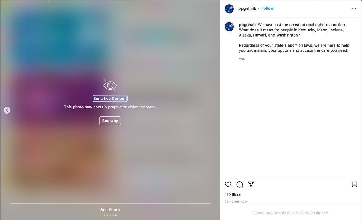 Instagram labeled a post by Planned Parenthood Great Northwest, Hawai'i, Alaska, Indiana, Kentucky as "sensitive content."