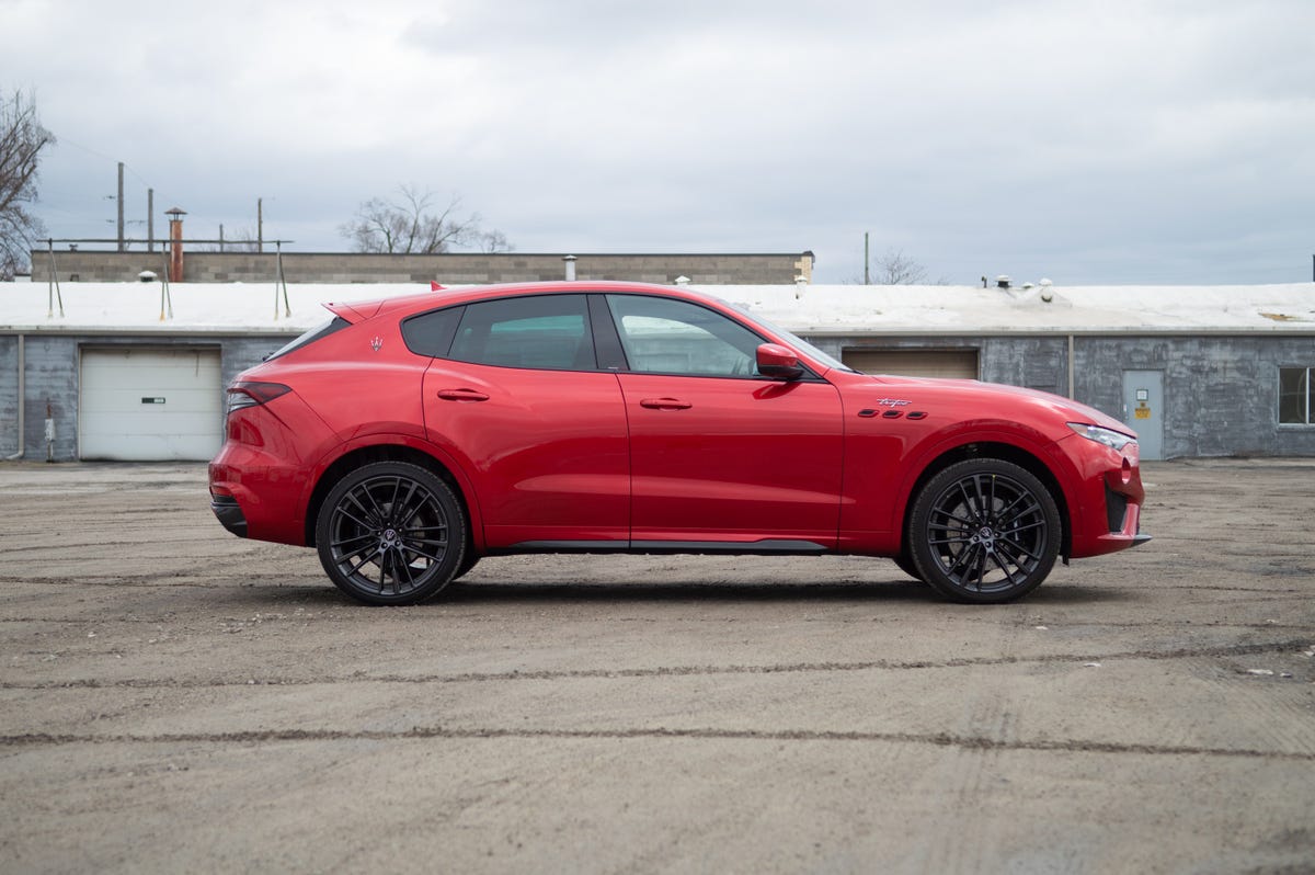 2022 Maserati Levante Trofeo in red, seen from the side