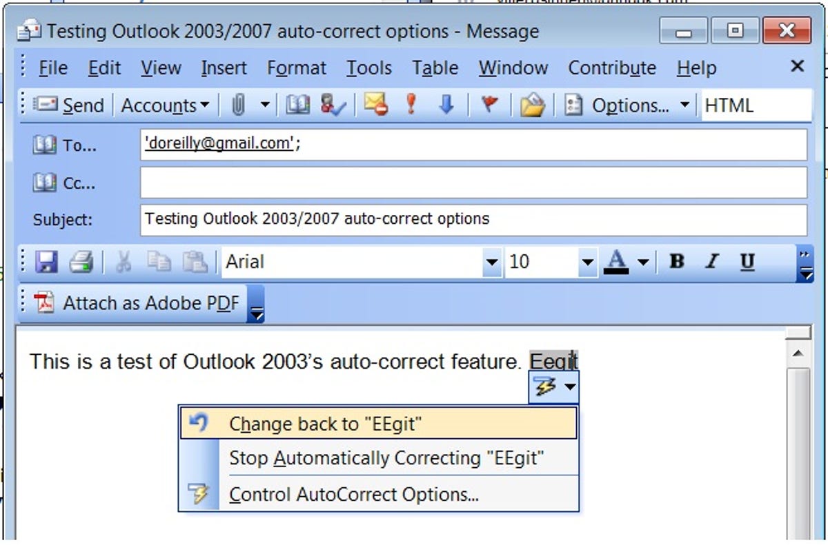 Microsoft Outlook 2003 auto-correct menu