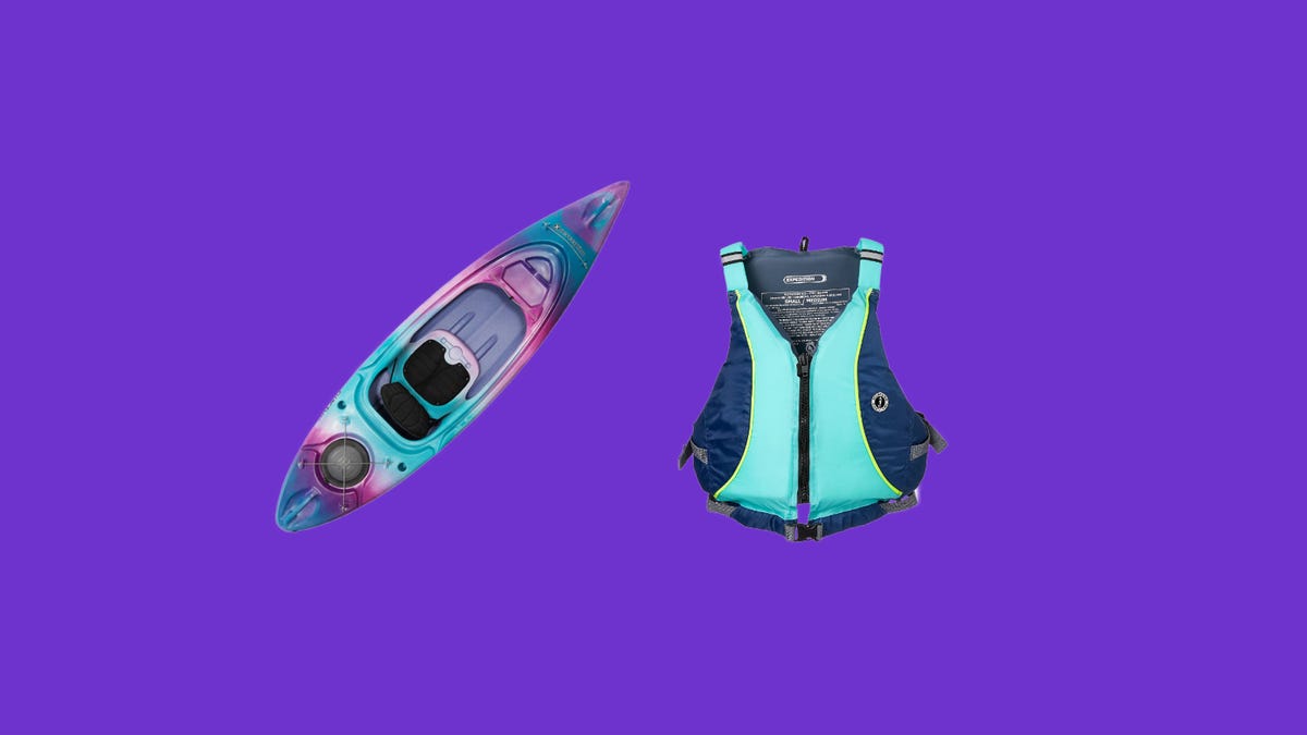A color kayak and blue life vest on a purple background