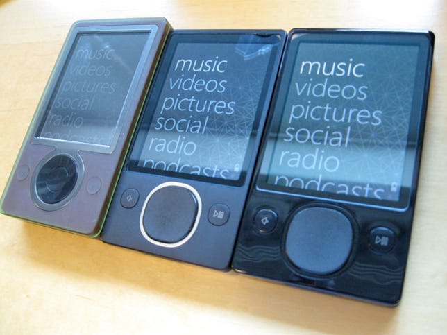 Photo of Zune 30, Zune 80, and Zune 120 MP3 players.