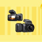 The Rexing V5C 3-inch 4K Dual dash cam is displayed against a yellow background.