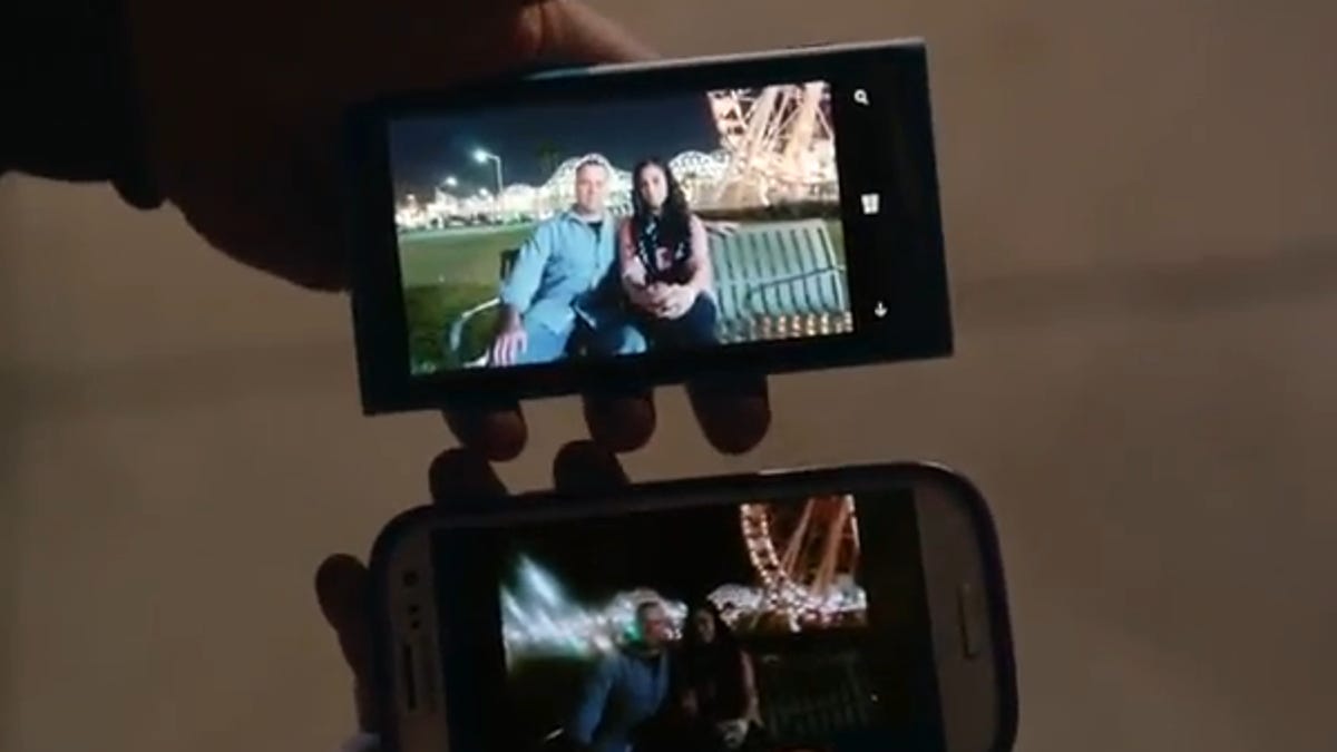 In Microsoft's ad, the Lumia 920 (on the top) outshines the Galaxy S3 (on the bottom) at picture taking.