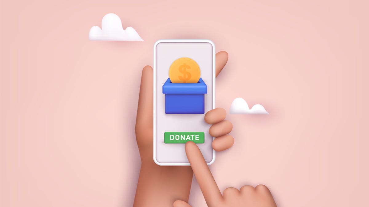 An illustration of a person making an online donation with a smartphone
