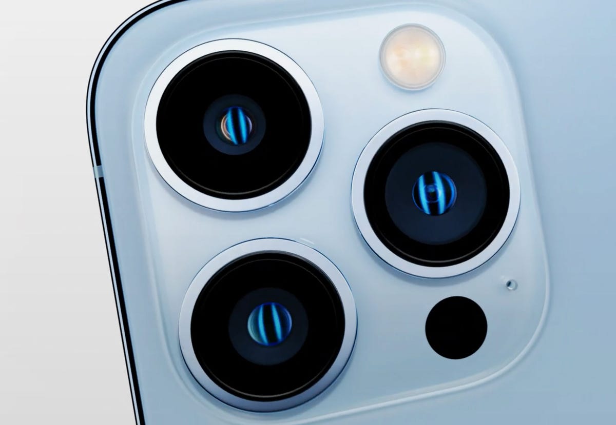 A close up of the iPhone 13 Pro's three camera lenses.