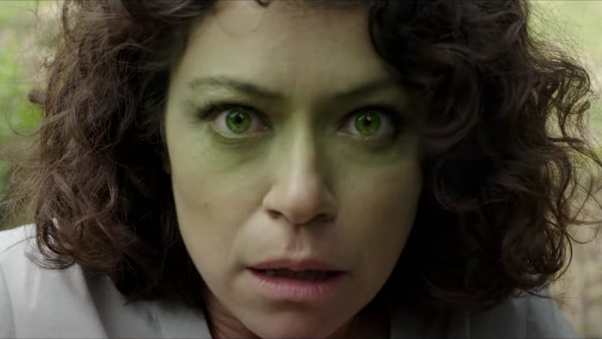A close up of Tatiana Maslany's face as she begins to turn into She-Hulk