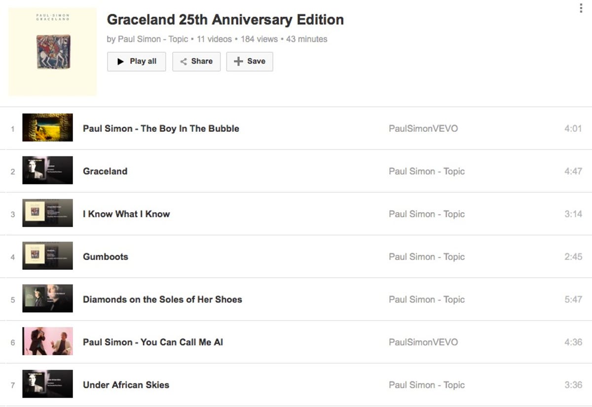 Paul Simon's Graceland album in YouTube Music