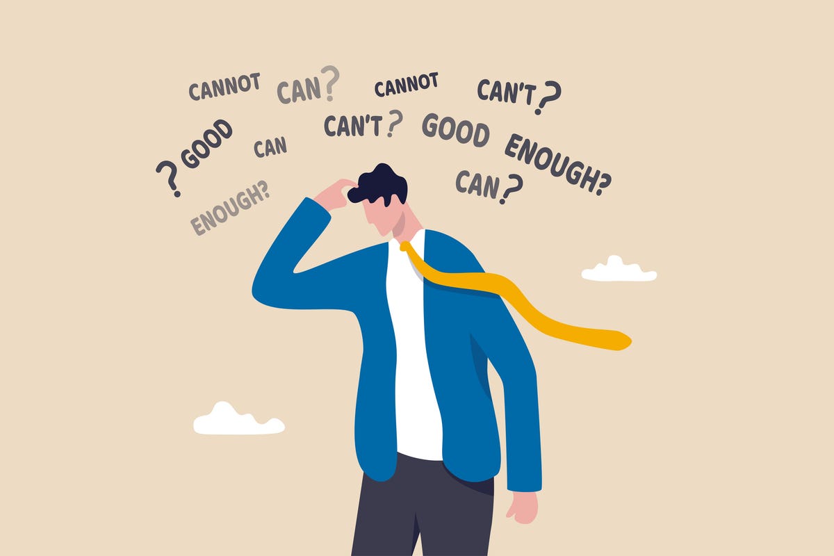 Graphic of a man in a tie with negative thoughts above his head, like 