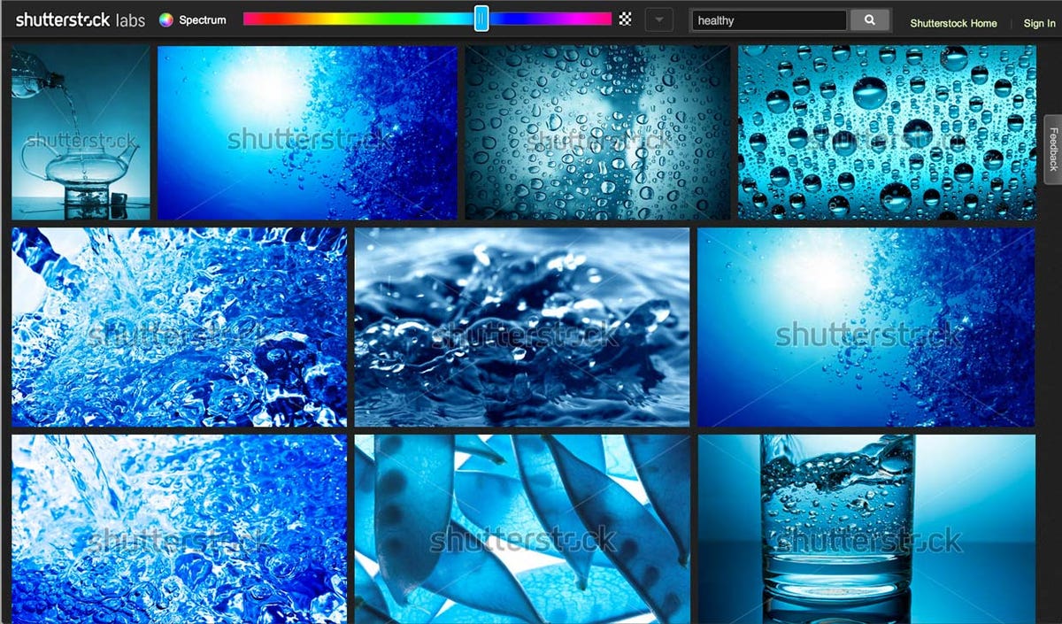 Shutterstock labs' Spectrum search results in the blue range for images with the keyword 