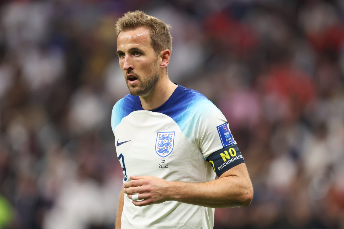 England captain Harry Kane wearing an armband reading "No Discrimination" during the World Cup match against USA at Al Bayt Stadium on Nov. 25.