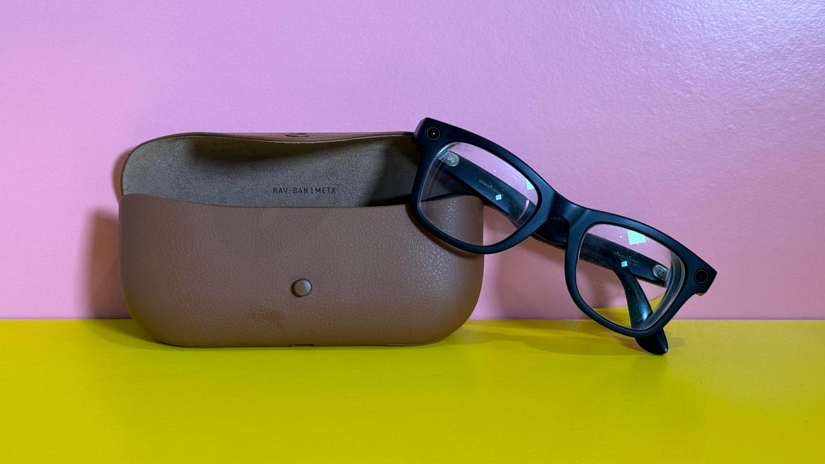 Meta Ray-Ban glasses resting against a leather carrying case