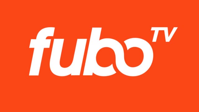 Logo Fubo TV sur fond rouge.