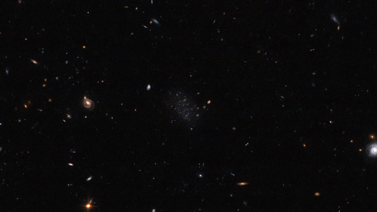 Hubble telescope image of a dark expanse of space with stars and distant galaxies, a vague, smudgy section in the middle represents the stars of galaxy Donatiello II.