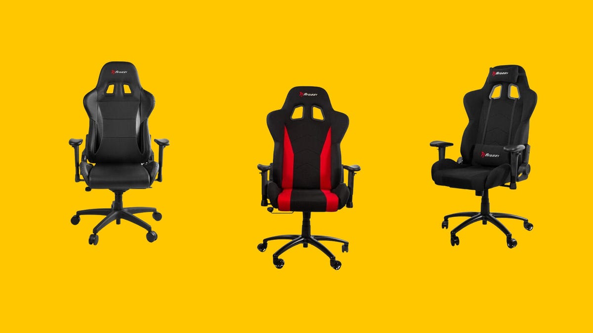 Three Arozzi gaming chairs are displayed on a yellow background.