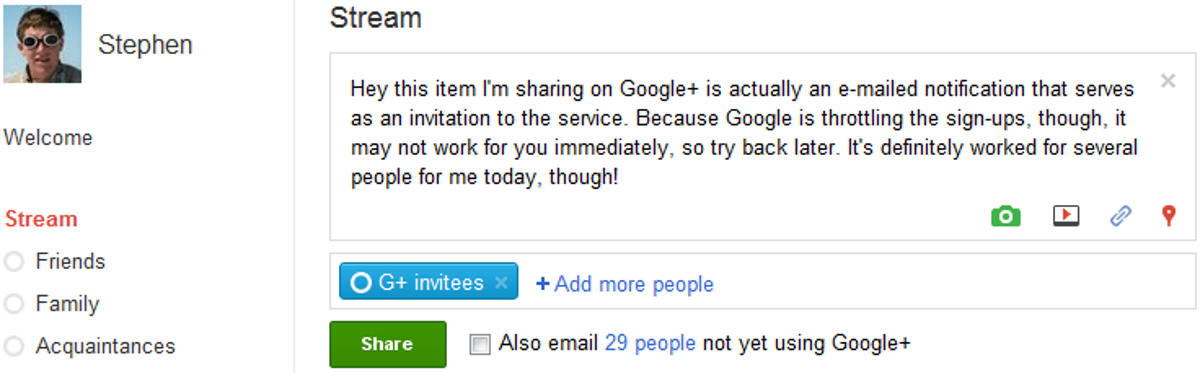 A look at the way to invite people to Google+ without a direct invitation option.