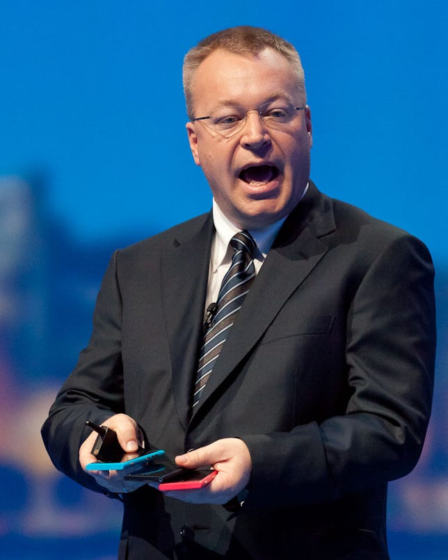 Nokia CEO Stephen Elop shows off the new flagship Lumia 800 Windows Phone model.