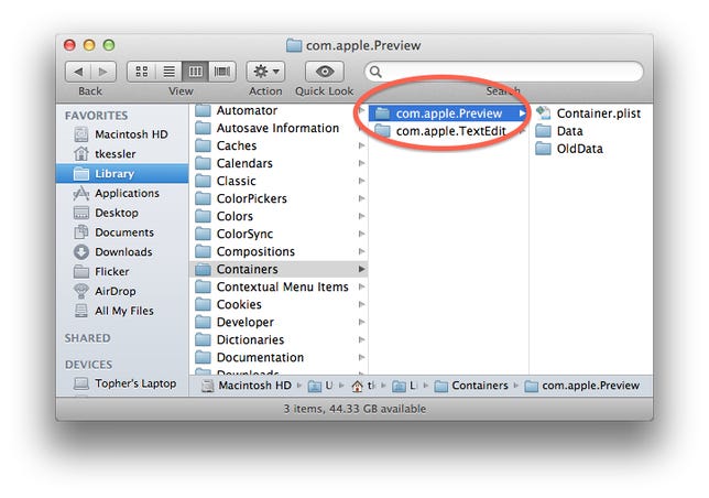 Sandbox container configurations in the Finder