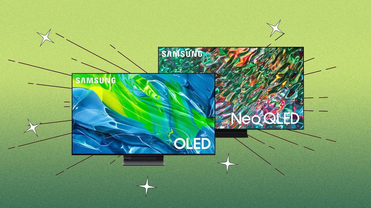 Two different Samsung TV models are displayed against a green background.