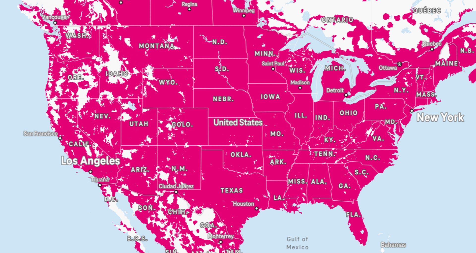 Map of USA with T-Mobile coverage marked in hot pink