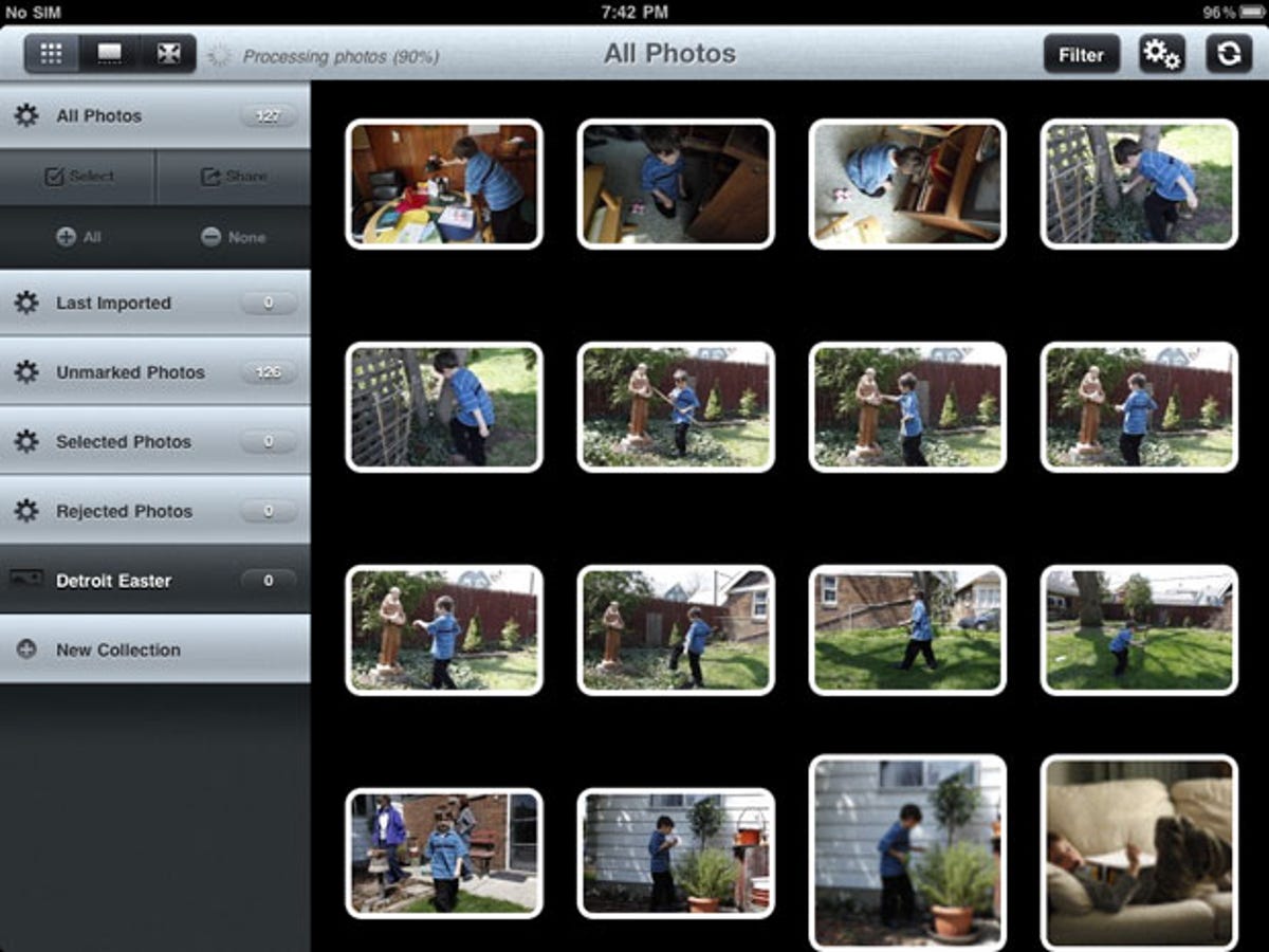 For organizing photos into catalogs, Lightsmith offers a grid view. Multiple photos can be selected with two-finger taps, and then the group can be dragged to an existing or new catalog.