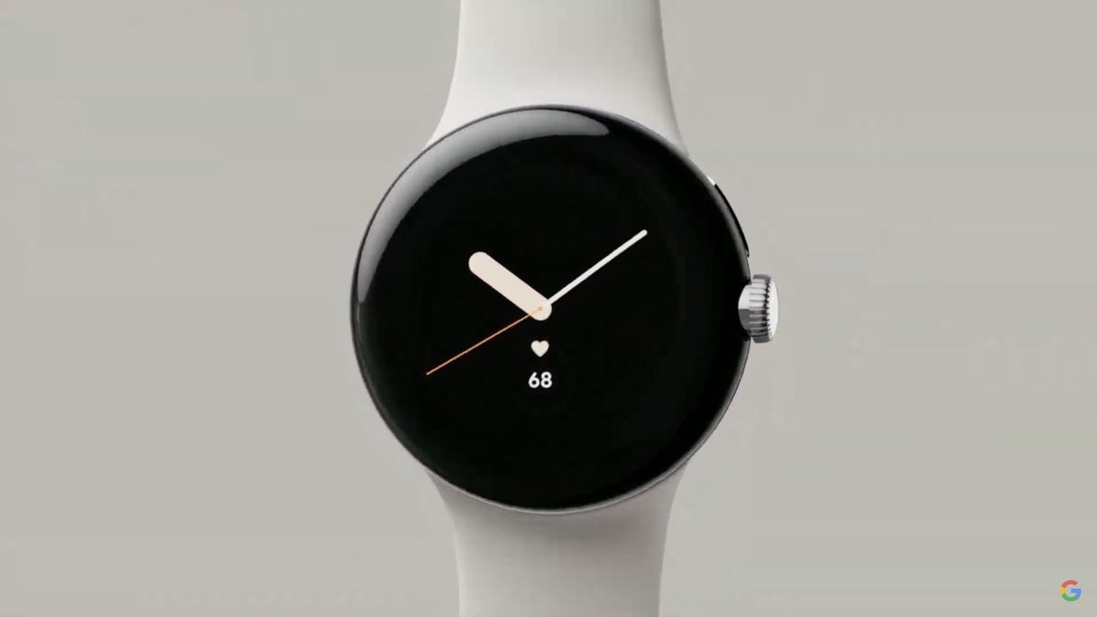 Close-up of Google Pixel watch with digital dial