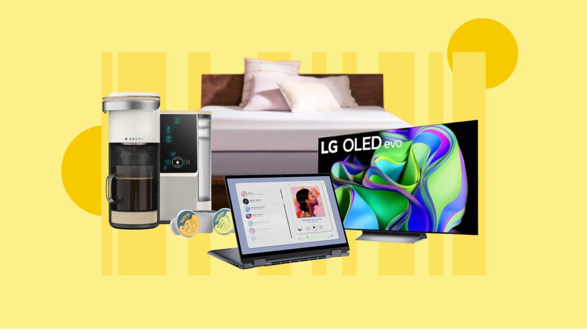 A Bruvi coffee maker, Purple Plus mattress, Dell laptop, and LG TV are shown on a yellow background.