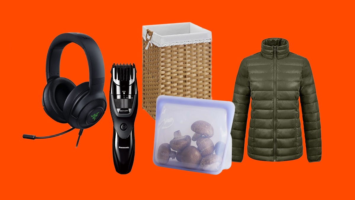 Razer headphones, Panasonic trimmer, laundry basket and jacket on an orange background