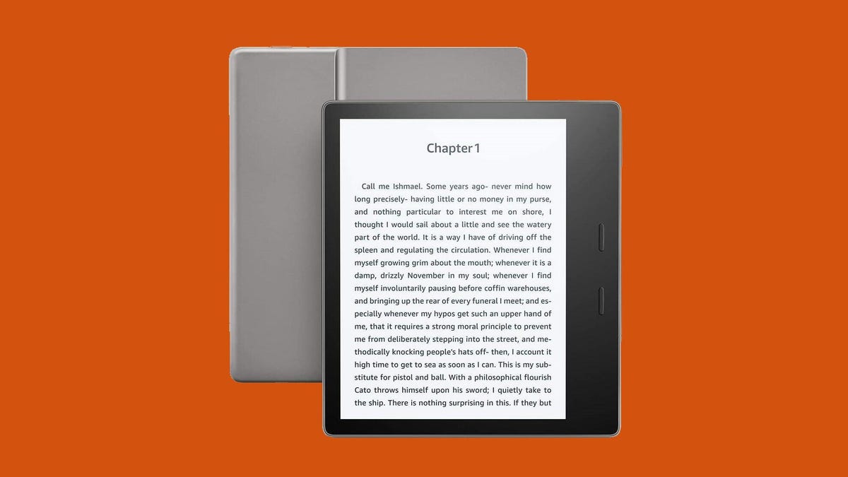 The front and back of a Kindle e-reader against an orange background.