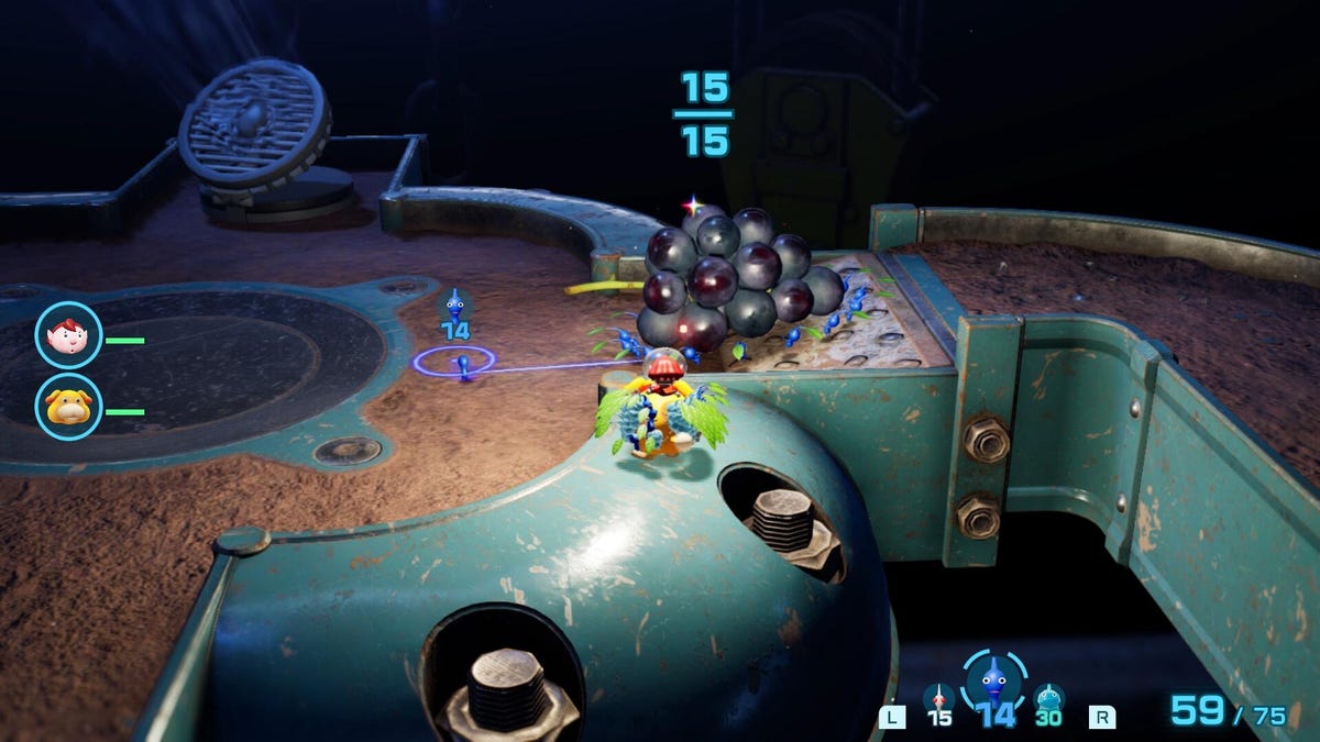 Pikmin exploring a dimly-lit cave in Pikmin 4, on a metal platform full of giant bolts.