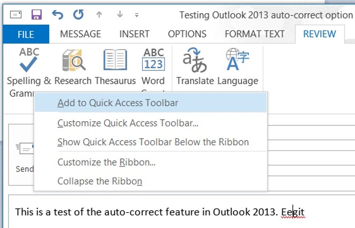 Right-click menu for Spelling & Grammar in Microsoft WordMail for Outlook 2013